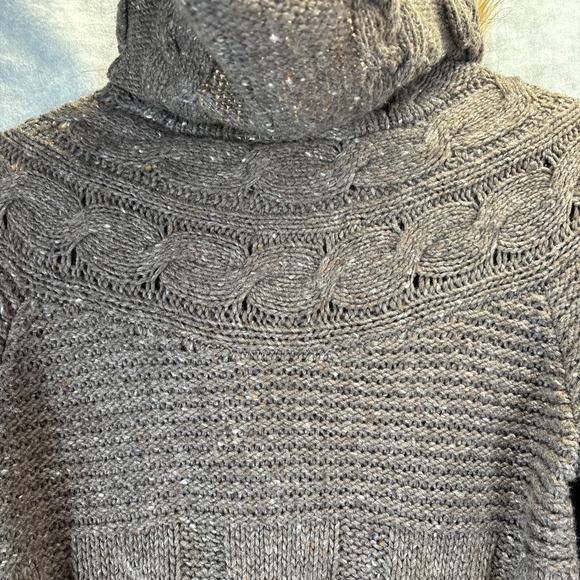 Vintage Y2K Cable Knit Cardigan S Hooded Faux Fur Trim Sweater Brown Toggle Boho - Picture 15 of 16